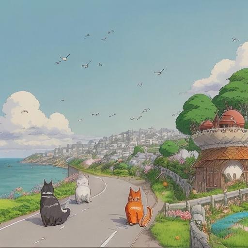 An image of the older cat leading Kaela and Rolf towards the sea.